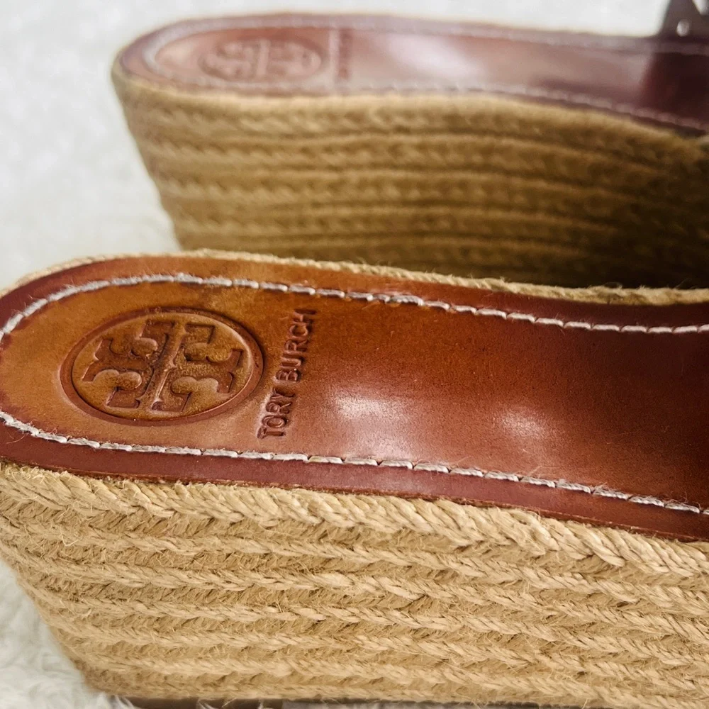 Tory Burch Sz 9 White Leather Logo Espadrille Wedge Platform Sandals Slide
